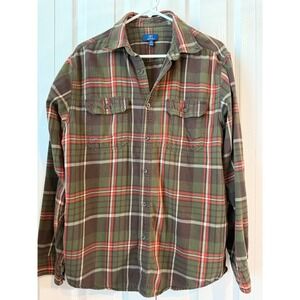 Men's Flannel Shirt Medium Brown Green Red Plaid Long Sleeve Button Front George